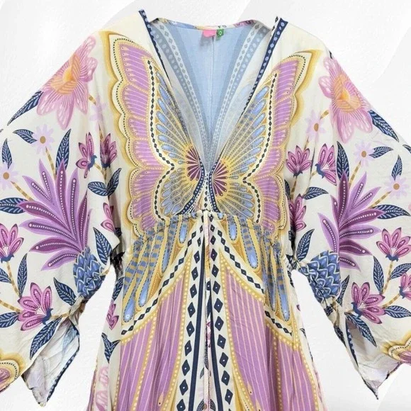 Farm Rio Butterfly Floral Print Kimono Sleeve Dress Bohemian Style - Picture 4 of 10